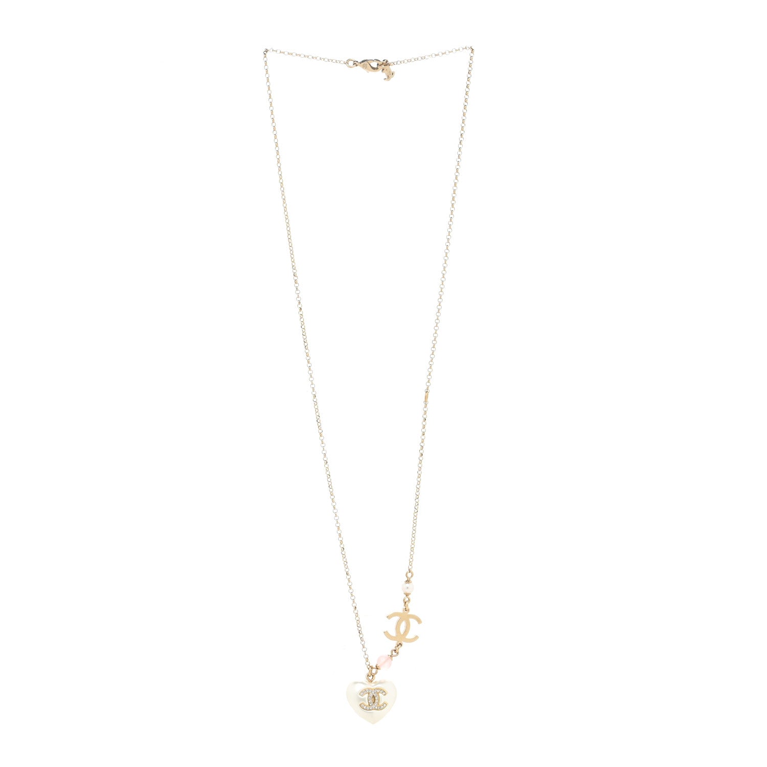 Chanel Pearl Crystal CC Heart Necklace Gold Pearly White 2 of 3