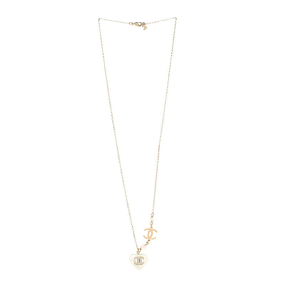 Chanel Pearl Crystal CC Heart Necklace Gold Pearly White 2 of 3