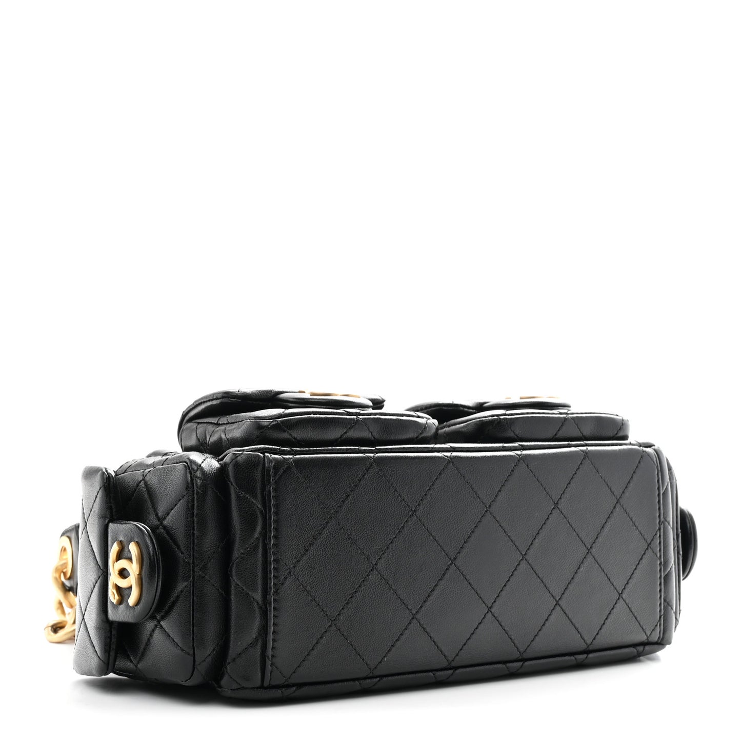 Shiny Lambskin Quilted Trendy Pockets Hobo Black