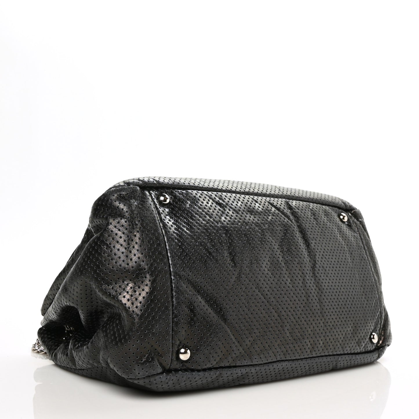Metallic Calfskin Perforated Large Drill Accordion Flap Black