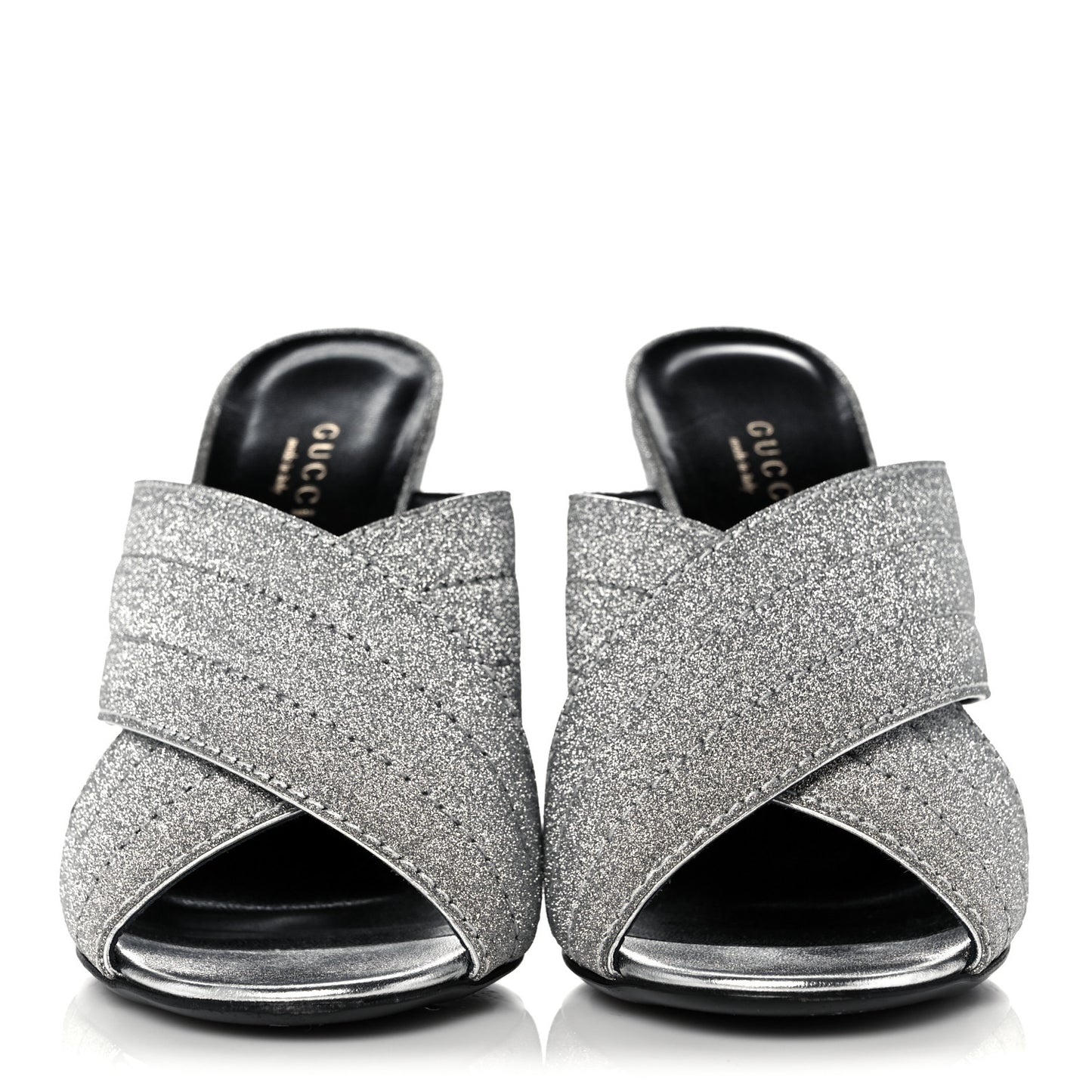 Glitter Fabric Webby Crossover High Heel Slide Sandals 37 Argento