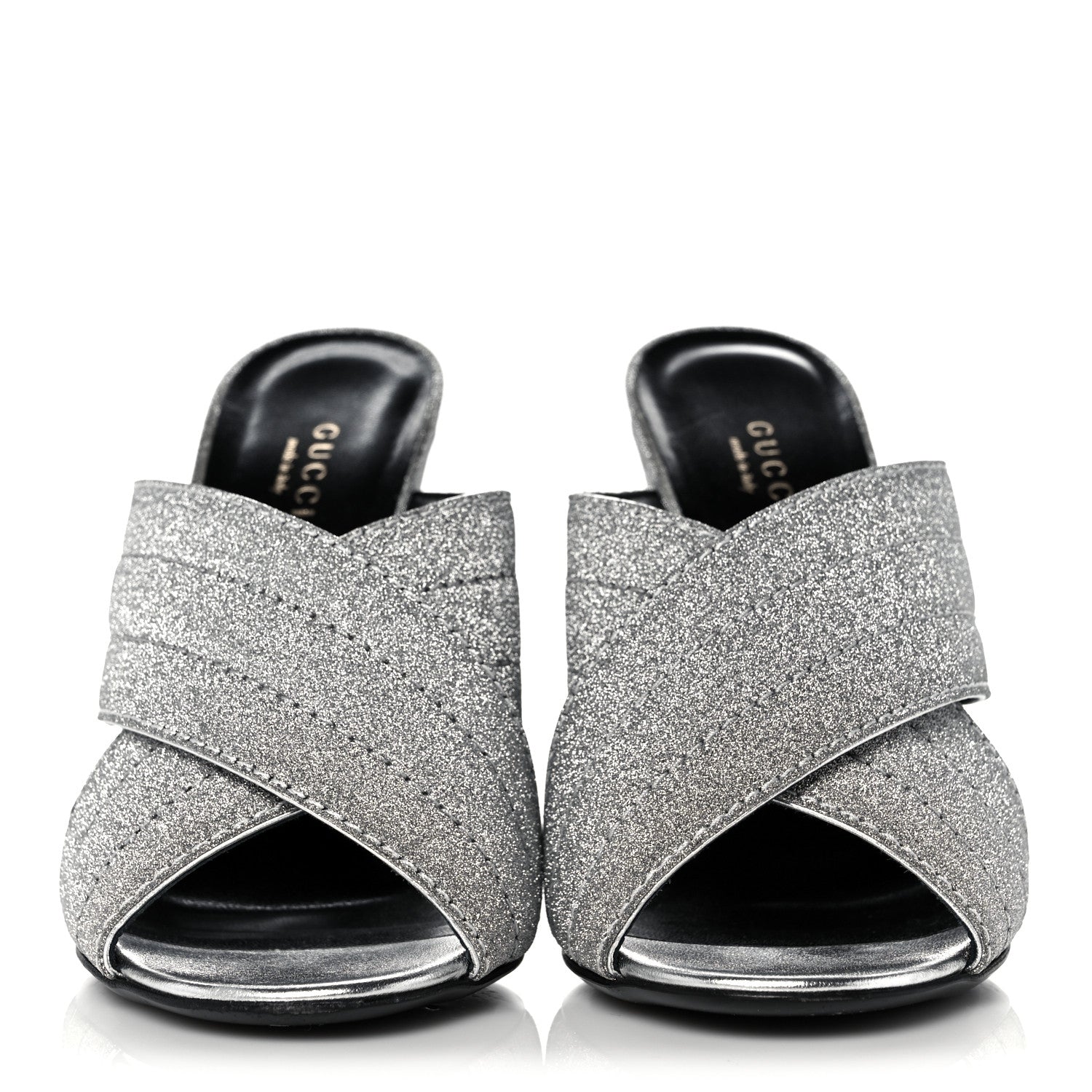 Gucci Glitter Fabric Webby Crossover High Heel Slide Sandals 37 Argento 2 of 9