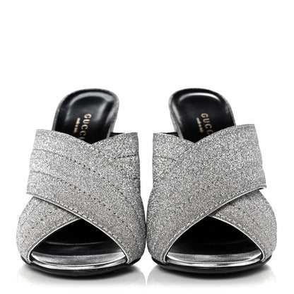 Gucci Glitter Fabric Webby Crossover High Heel Slide Sandals 37 Argento 2 of 9