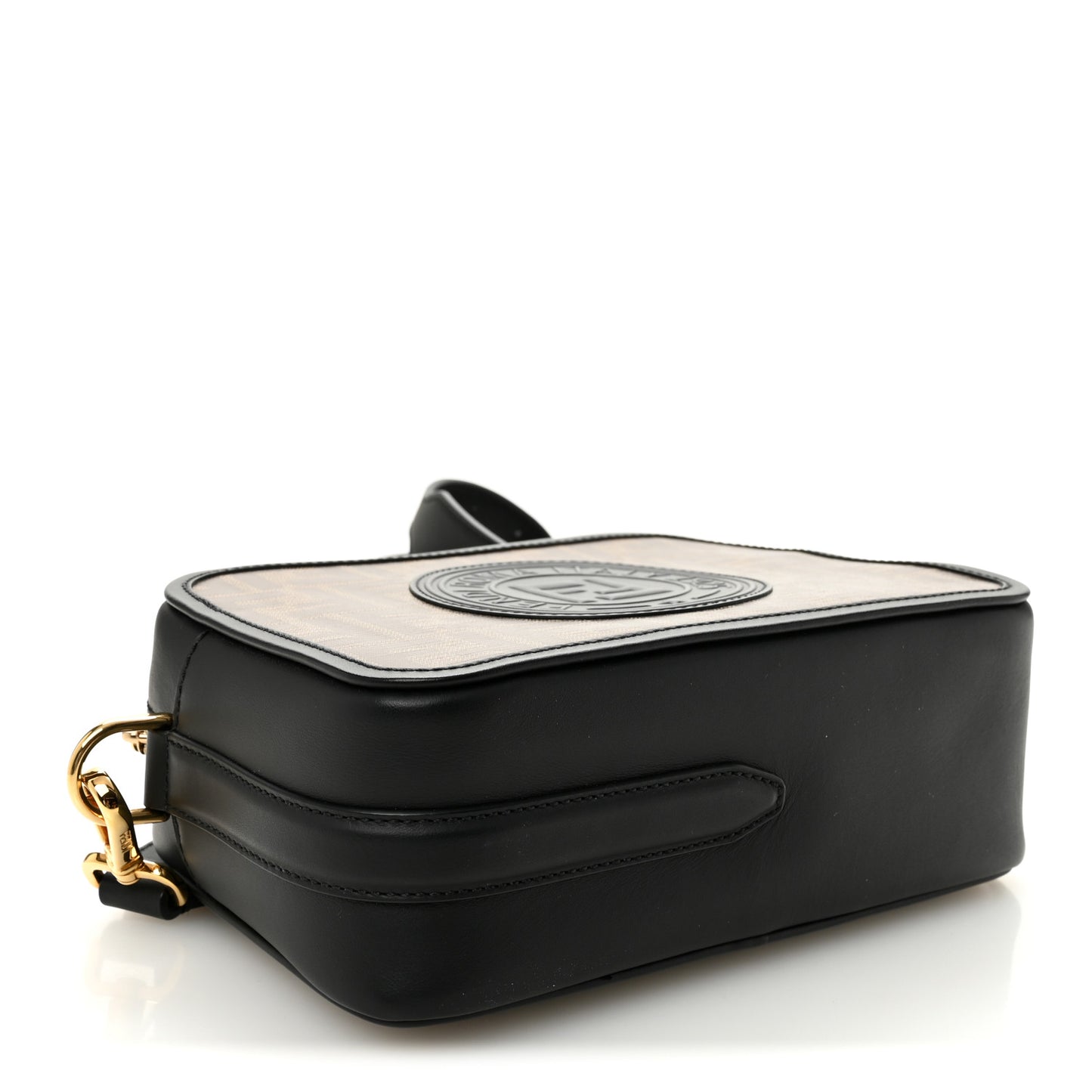 Glazed Fabric Vitello Century F is Fendi FF 1974 Stamp Patch Camera Case Mogano Panna Black