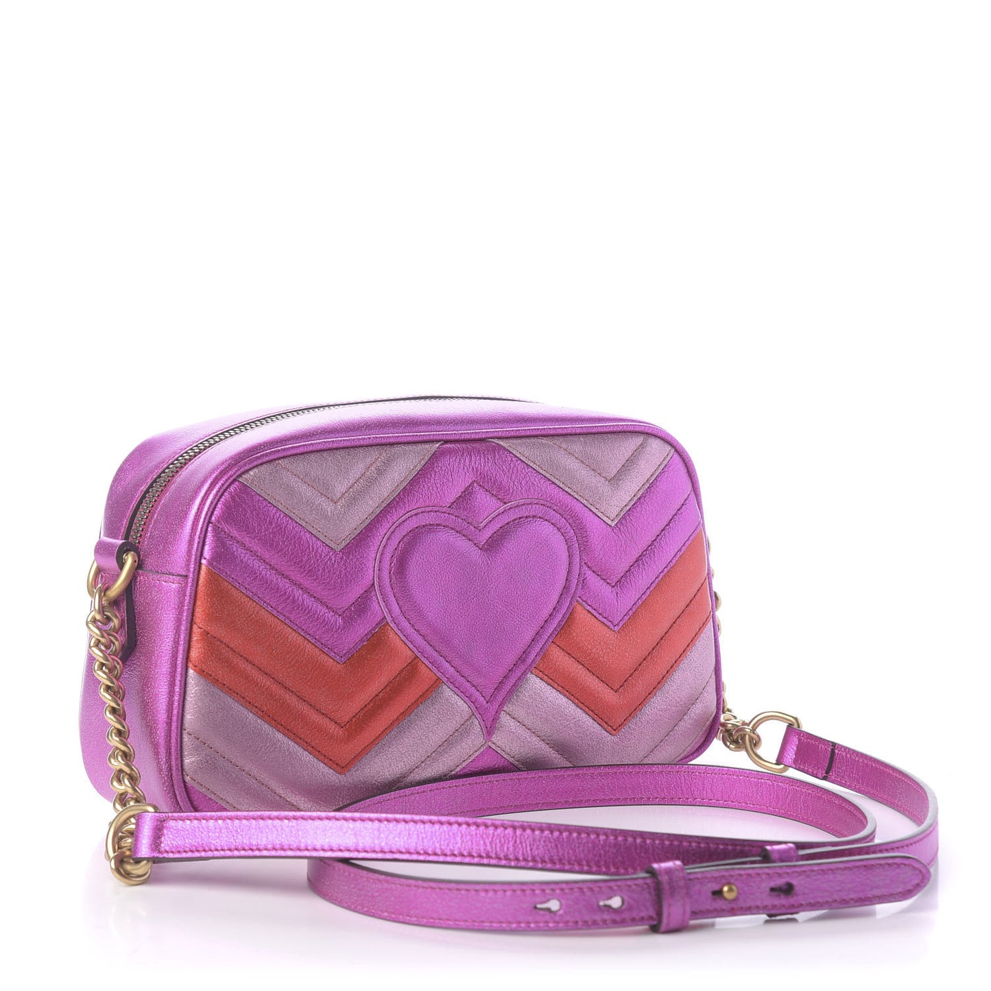 Laminated Nappa Matelasse Small GG Marmont Chain Shoulder Bag Fuxia Rosso Rosa