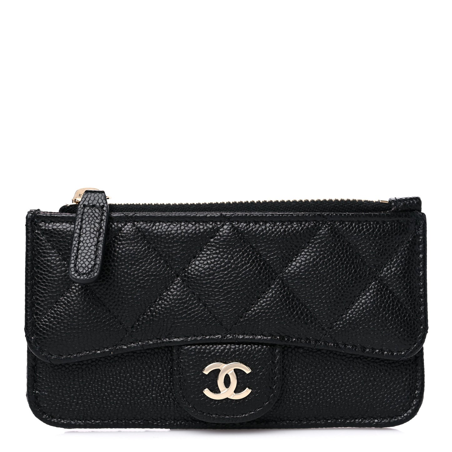 Caviar Quilted Flap Zip Card Holder Black