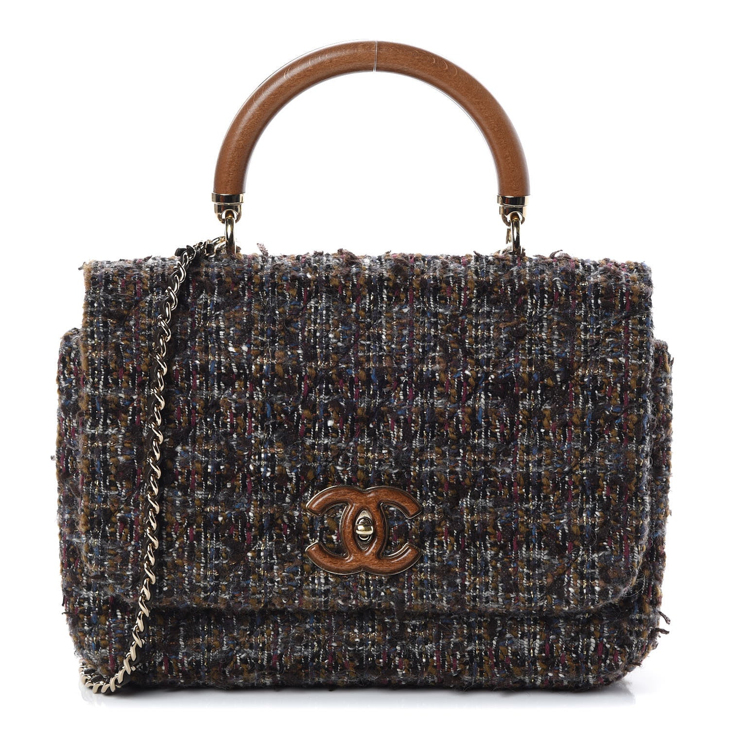 Chanel Tweed Wood Knock On Wood Top Handle Bag Brown Blue Purple Gold 1 of 10
