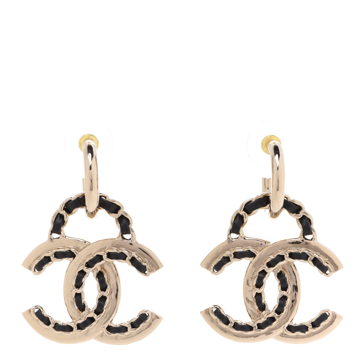 Lambskin Chain CC Drop Earrings Black Gold