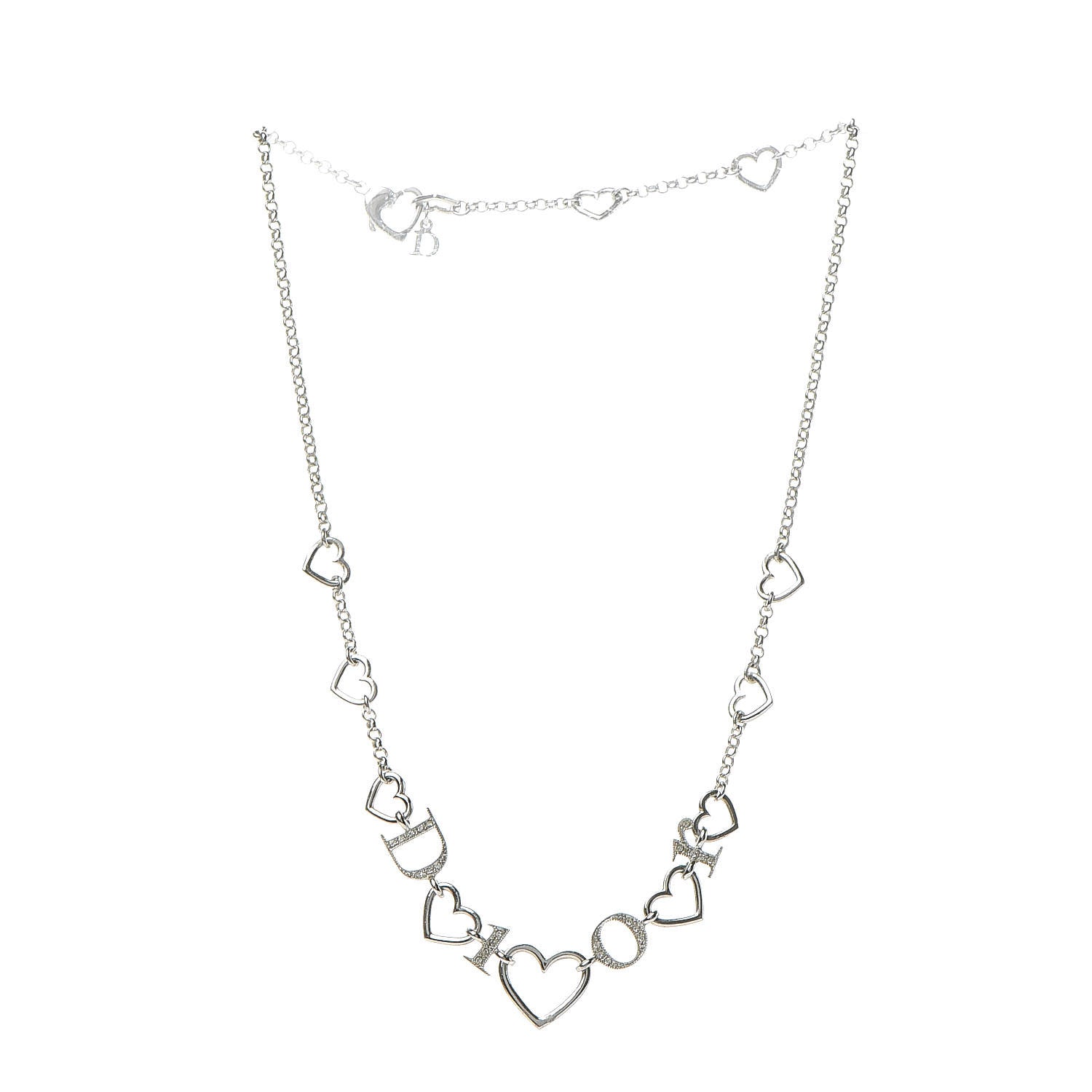 Christian Dior Metal Crystal Heart Necklace Silver 3 of 6