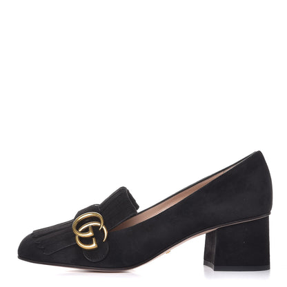Gucci Kid Scamosciato GG Marmont Fringe 50mm Loafer Pumps 38 Black 1 of 20