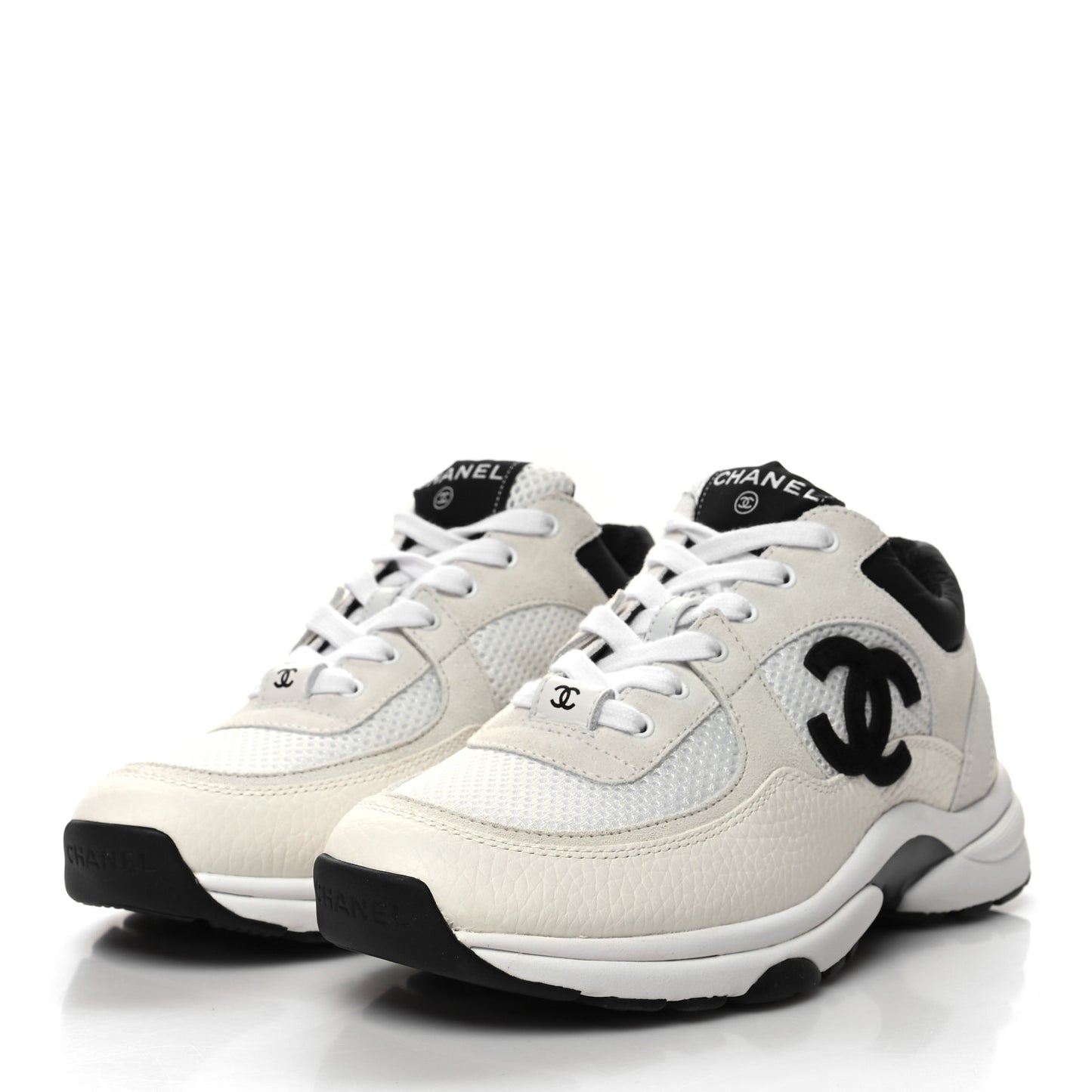 Mesh Suede Calfskin Grained Calfskin Womens CC Sneakers 37.5 White Black