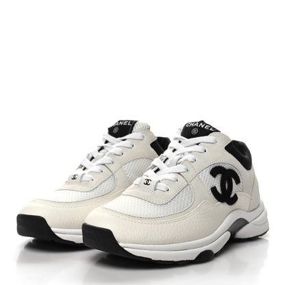 Chanel Mesh Suede Calfskin Grained Calfskin Womens CC Sneakers 37.5 White Black 3 of 7