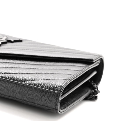 Saint Laurent Grain De Poudre Matelasse Chevron Monogram Monochrome Envelope Chain Wallet Black 9 of 11