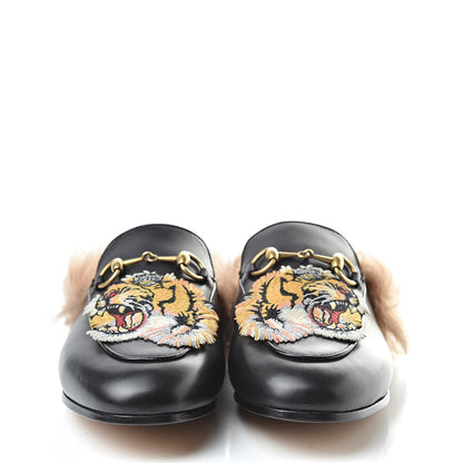 Gucci Calfskin Fur Tiger Embroidered Womens Princetown Slippers 36 Black 2 of 9