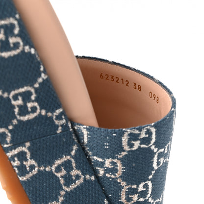 Gucci Canvas Lame GG Monogram Angelina Platform 55mm Slide Sandals 38 Blue Silver 8 of 9
