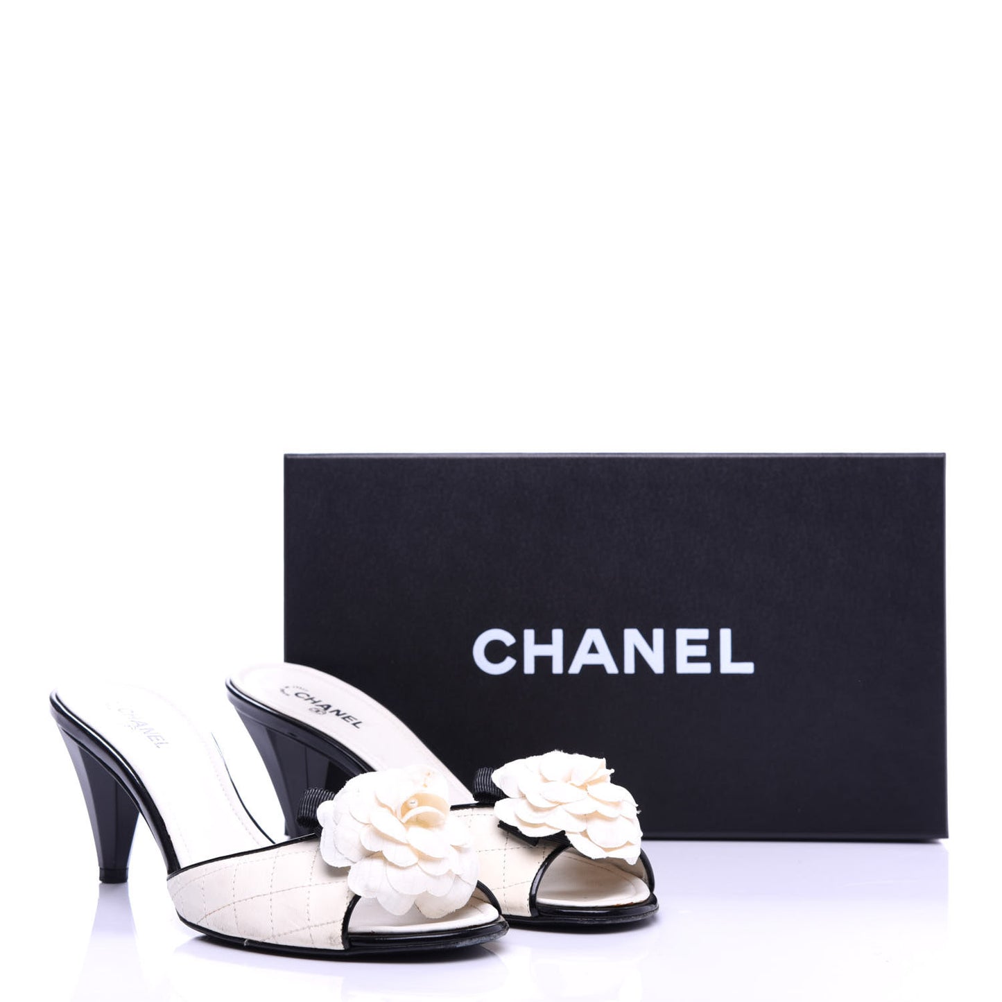 Patent Lambskin Quilted Camellia Mules 39 White