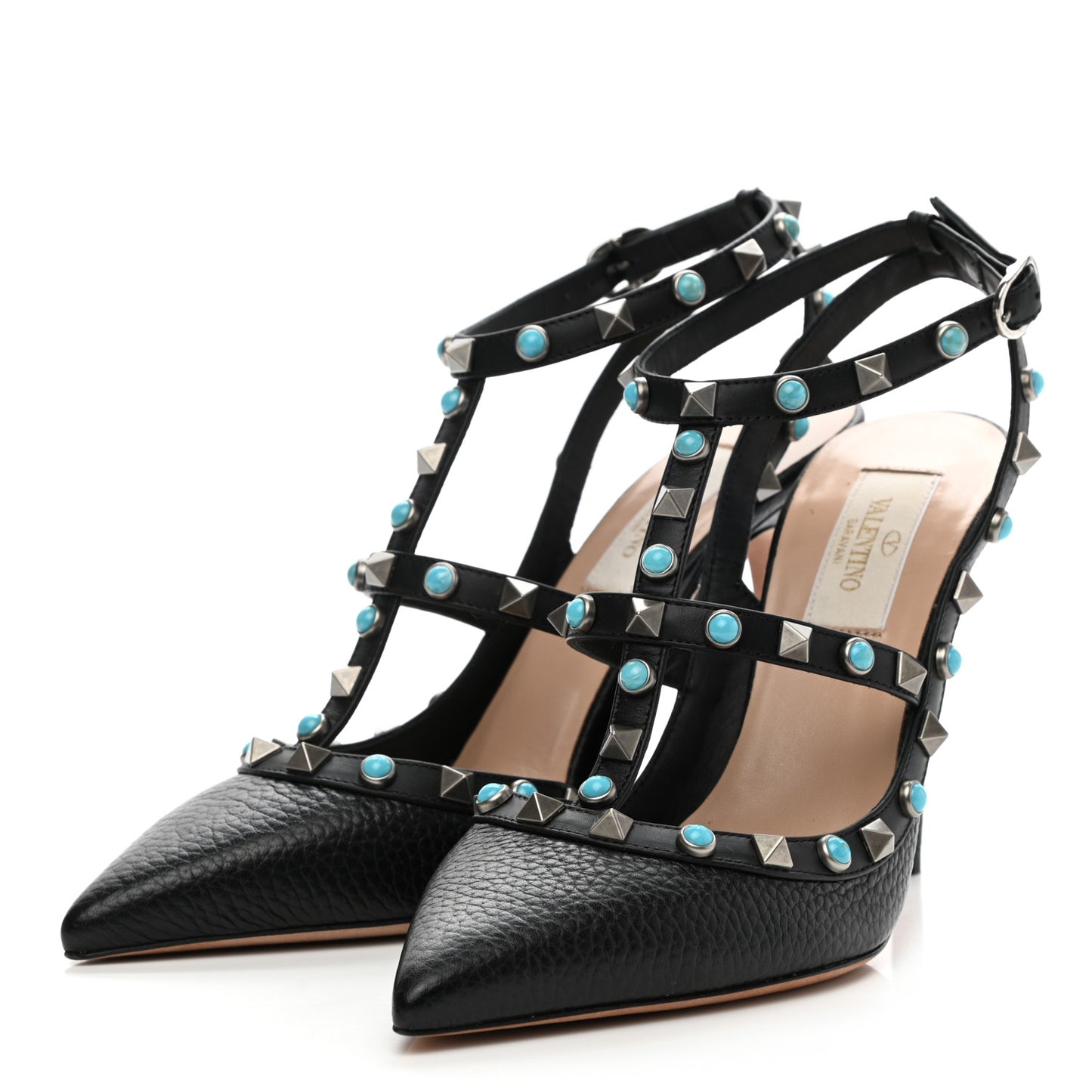 Pebbled Calfskin Turquoise Rockstud Rolling Ankle Strap 100mm Pumps 37 Black