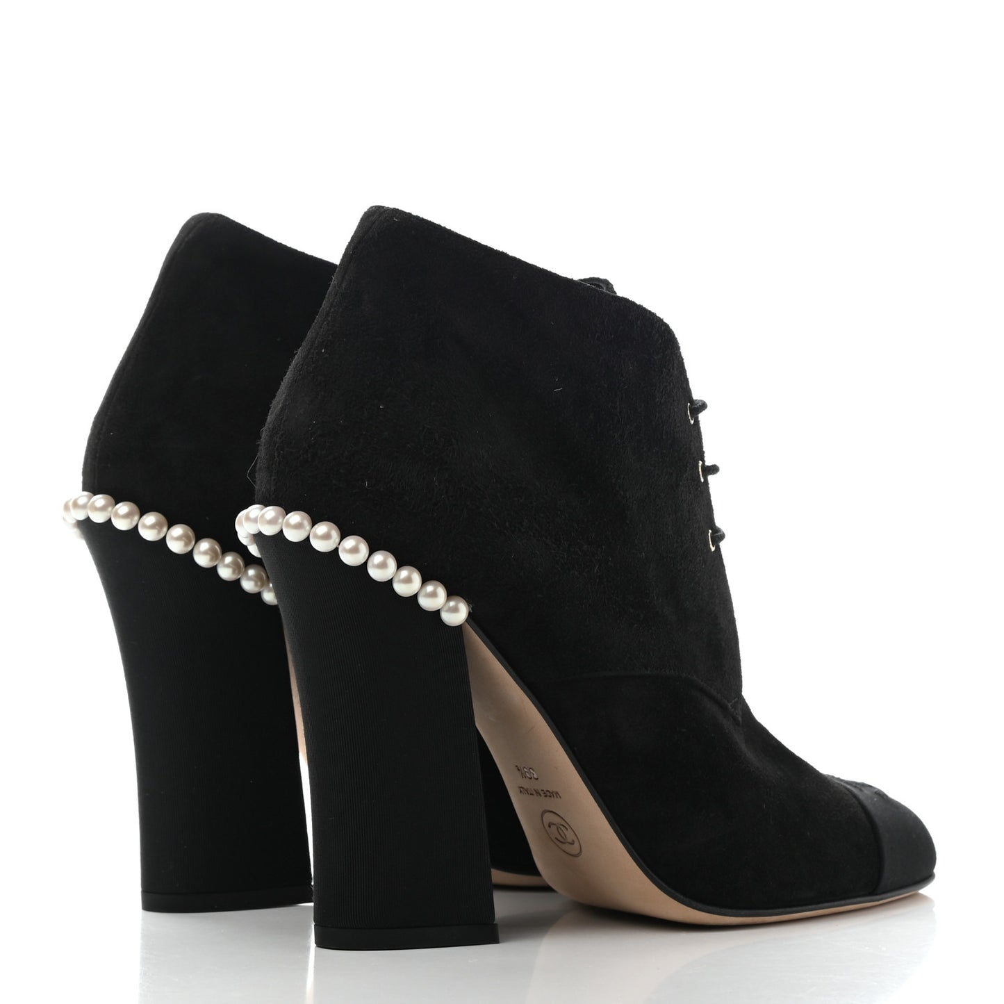 Suede Grosgrain Pearl Lace Up Booties 39.5 Black