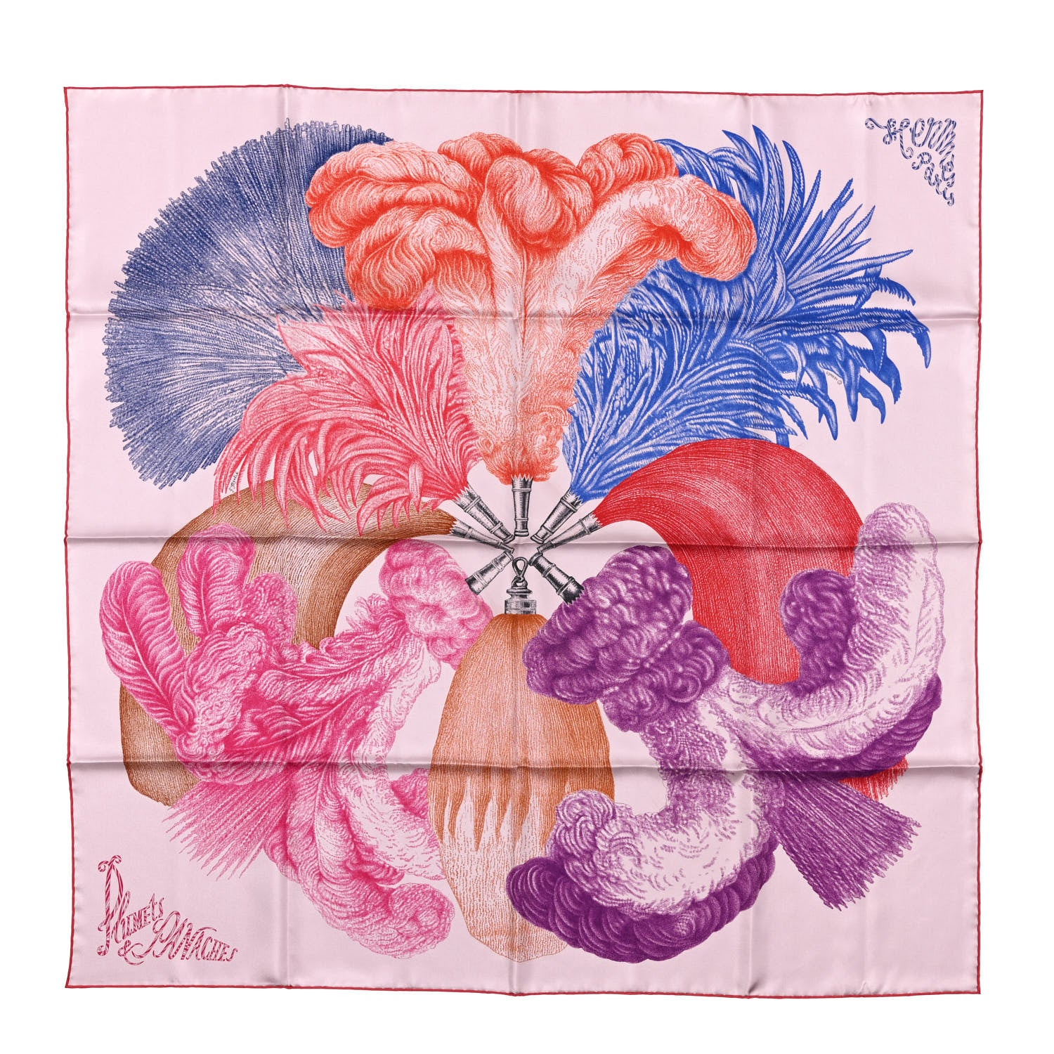 Hermes Silk Twill Plumets Et Panaches Scarf 90 Rose Fane Bleu Violet 1 of 5