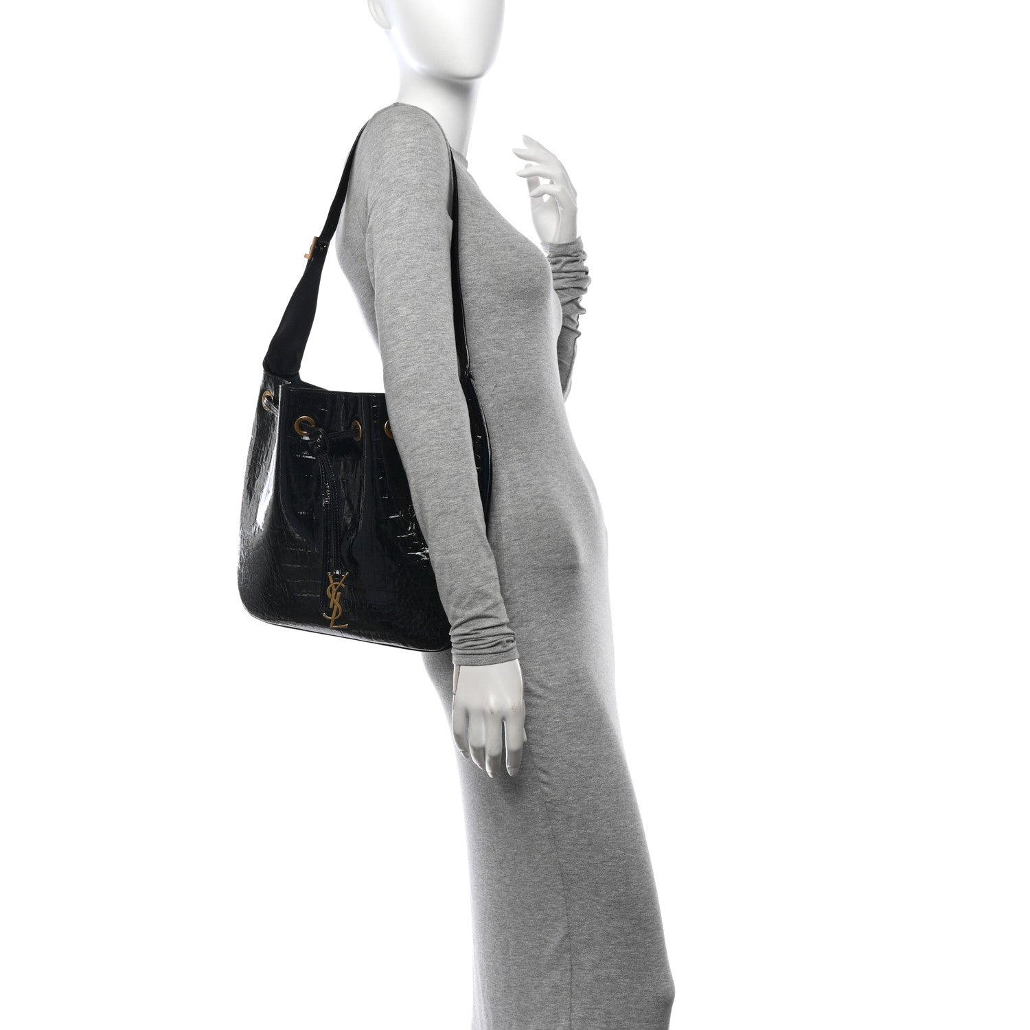 Saint Laurent Crocodile Embossed Calfskin Medium Paris VII Flat Hobo Black 2 of 15