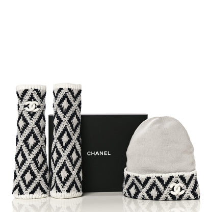 Chanel Cashmere Blend CC Beanie Hat With Gloves Set White Navy Blue 10 of 10