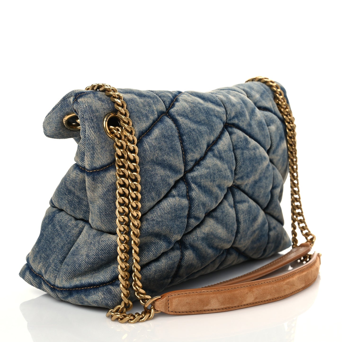 Denim Quilted Small Loulou Puffer Monogram Chain Satchel Blue Cinnamon
