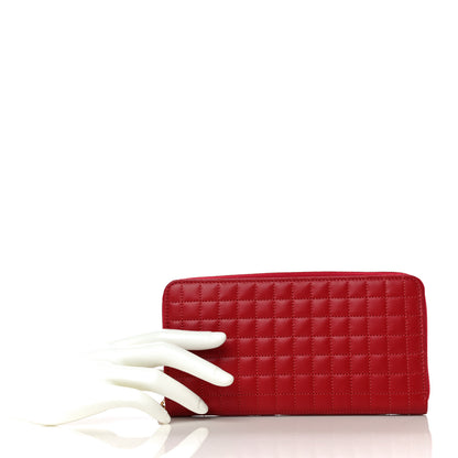 Celine Lambskin Quilted Large C Charm Zip Around Wallet Red 2 of 13