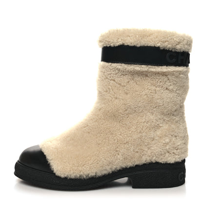 Chanel Calfskin Shearling Cap Toe Boots 37 Beige Black 1 of 9