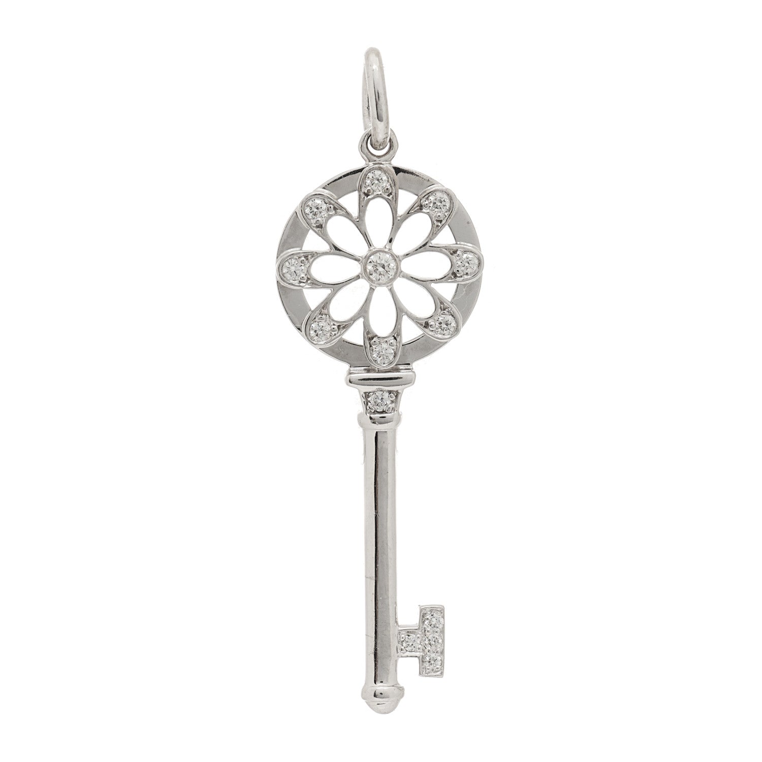 Tiffany 18K White Gold Diamond Floral Key Pendant 1 of 3