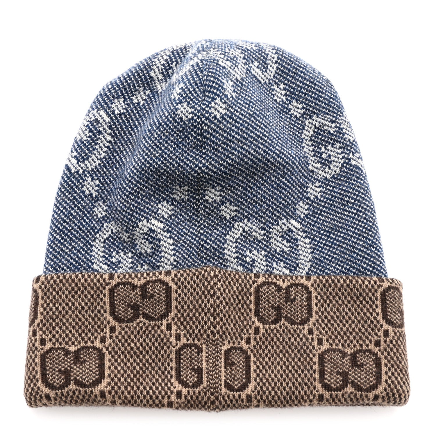Gucci Wool Monogram Doubly G Beanie Hat S Blue Brown 1827451