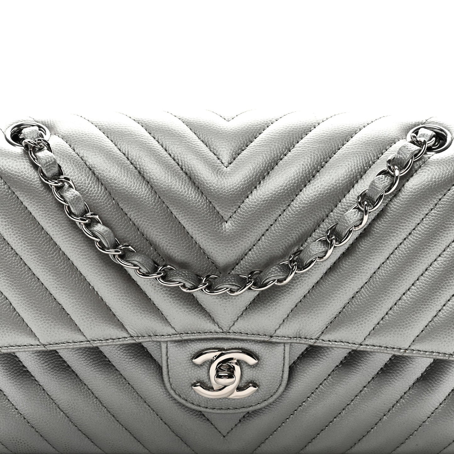 Metallic Caviar Chevron Quilted Medium Double Flap Silver