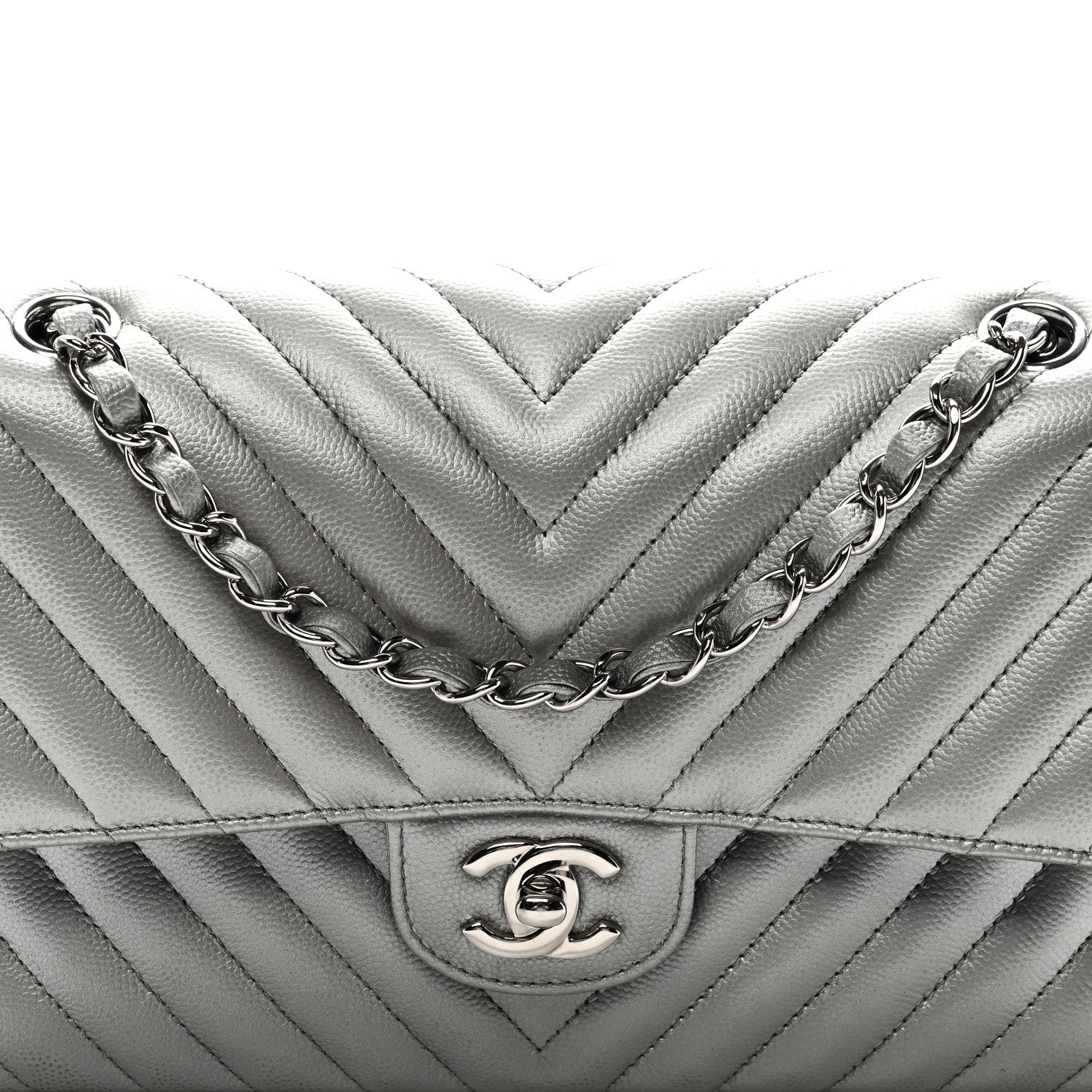 Chanel Metallic Caviar Chevron Quilted Medium Double Flap Silver 8 of 10