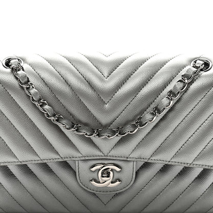 Chanel Metallic Caviar Chevron Quilted Medium Double Flap Silver 8 of 10