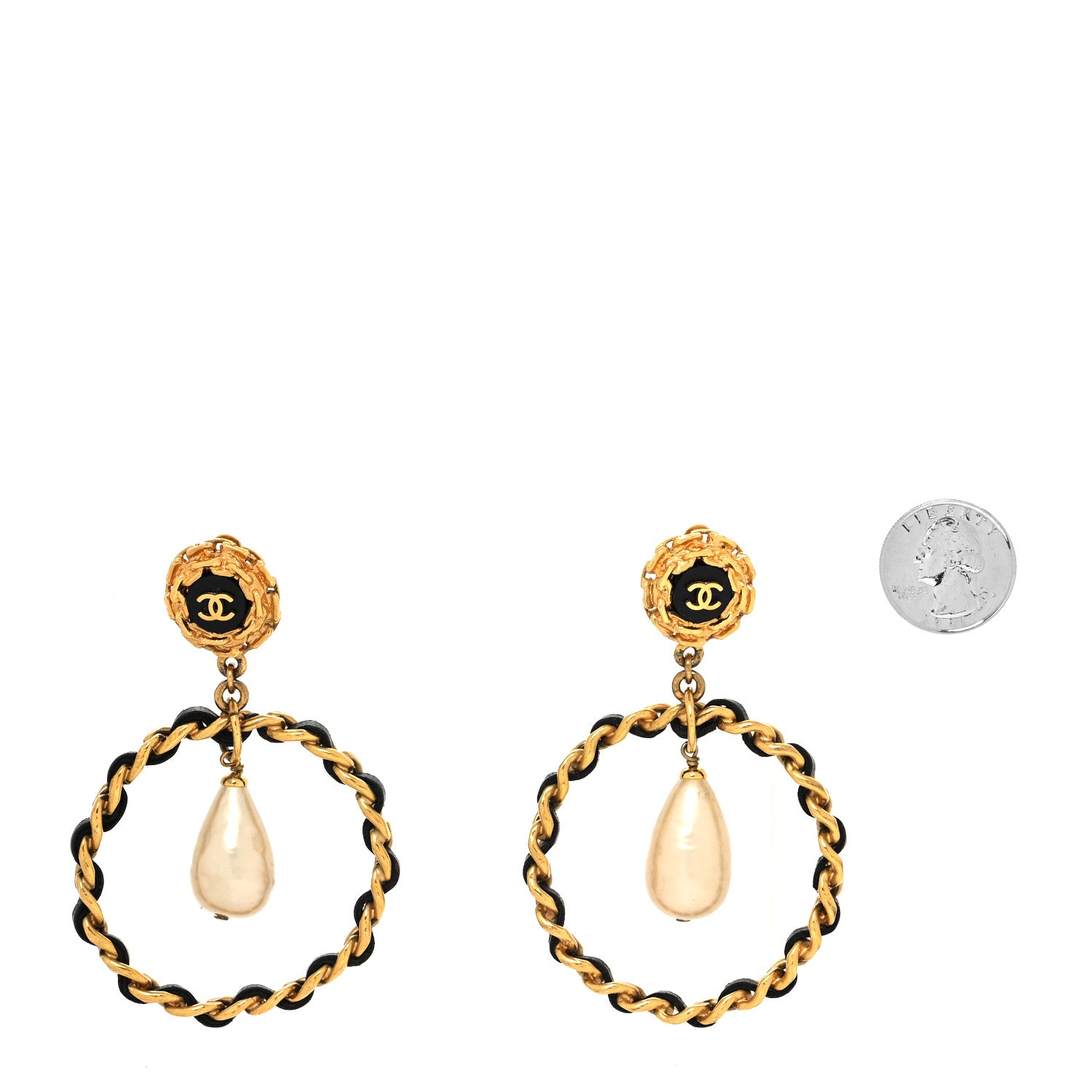 Chanel Lambskin Pearl CC Chain Dangle Clip On Earrings Gold Black 2 of 4