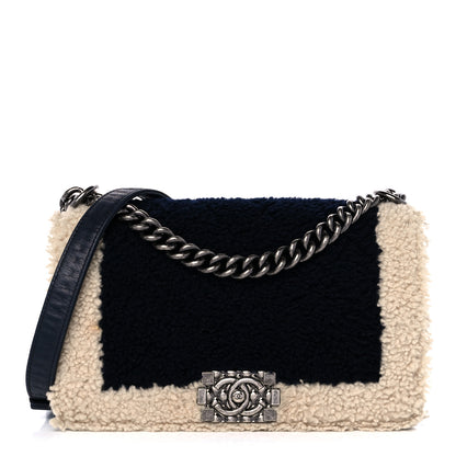 Chanel Shearling Iridescent Calfskin Medium Boy Flap Navy 1 of 11