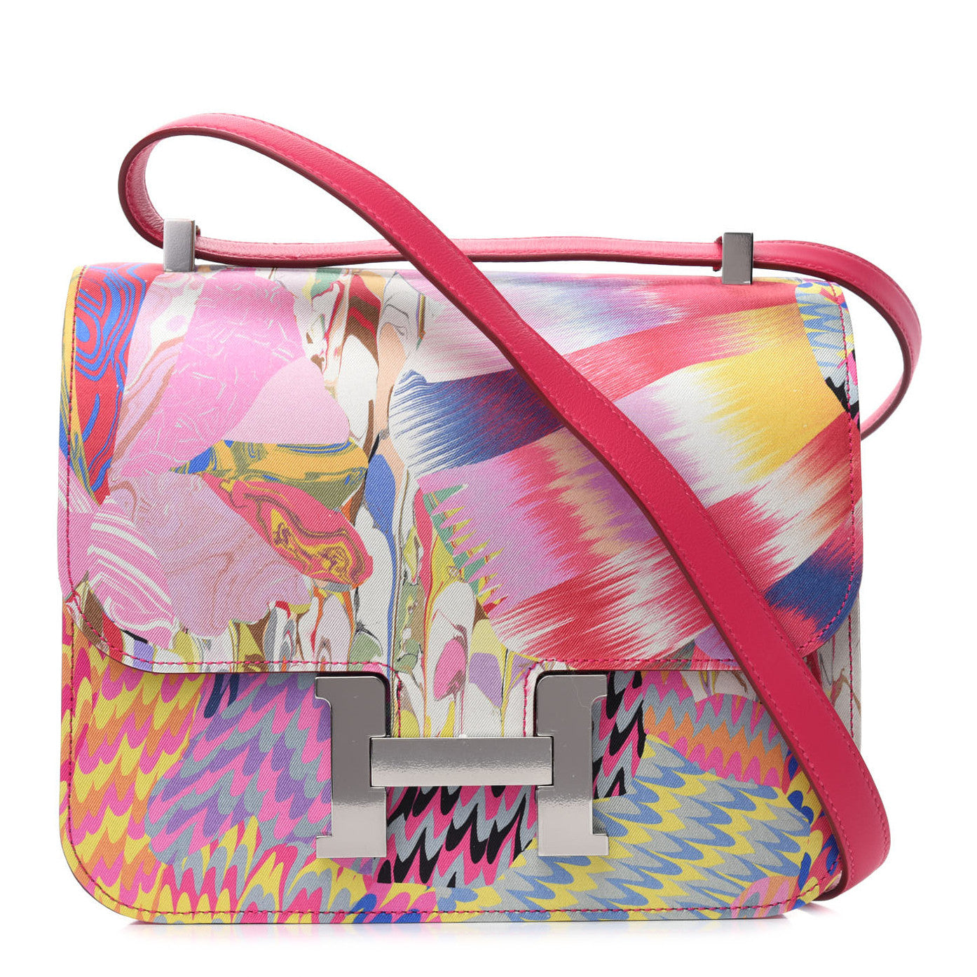image of an HERMES Swift Silk Marble Printed Constance 24 in the colors Rose Azalee Rose Mexico by FASHIONPHILE