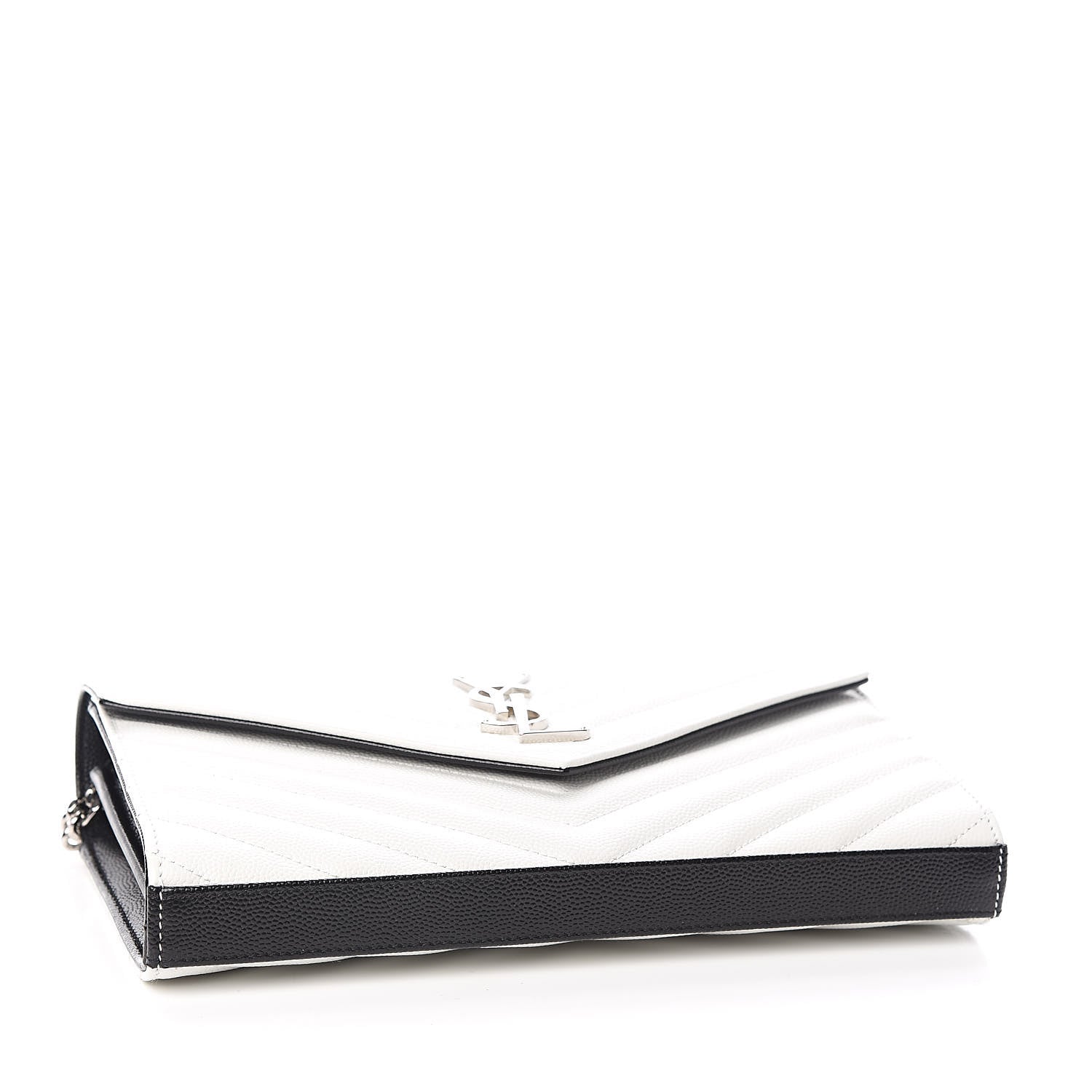 Saint Laurent Grain De Poudre Matelasse Bi-Color Chevron Monogram Chain Wallet White Black 4 of 10