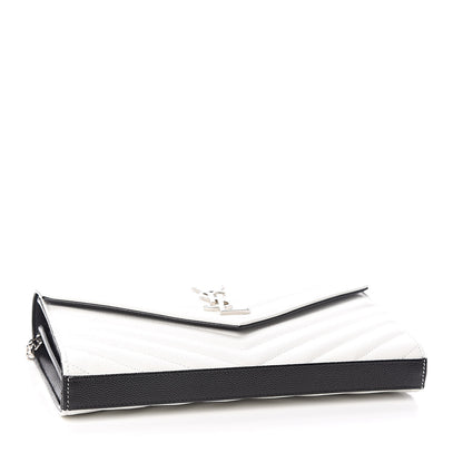 Saint Laurent Grain De Poudre Matelasse Bi-Color Chevron Monogram Chain Wallet White Black 4 of 10
