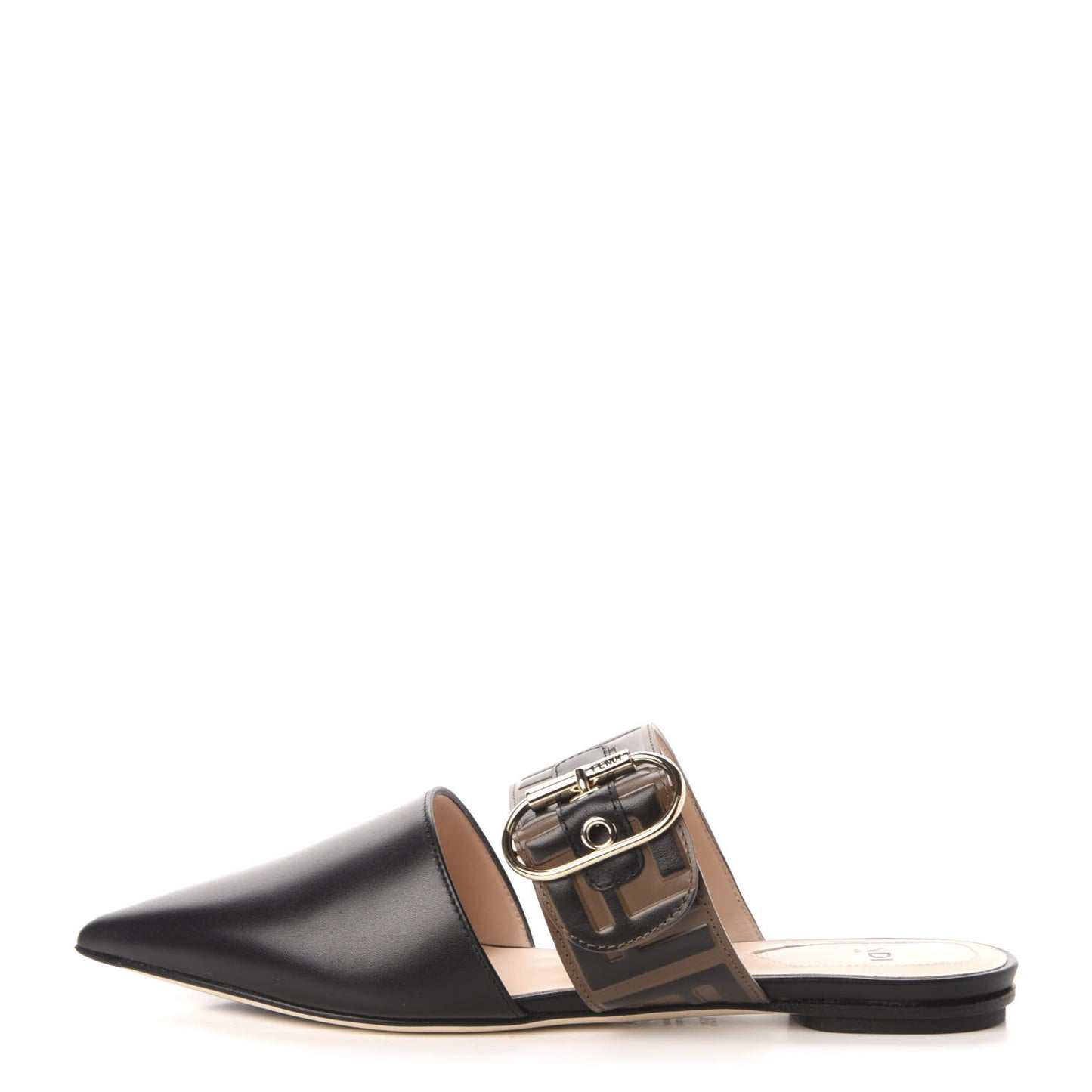 Vitello FF Embossed Buckle Flat Mules 35.5 Maya Black
