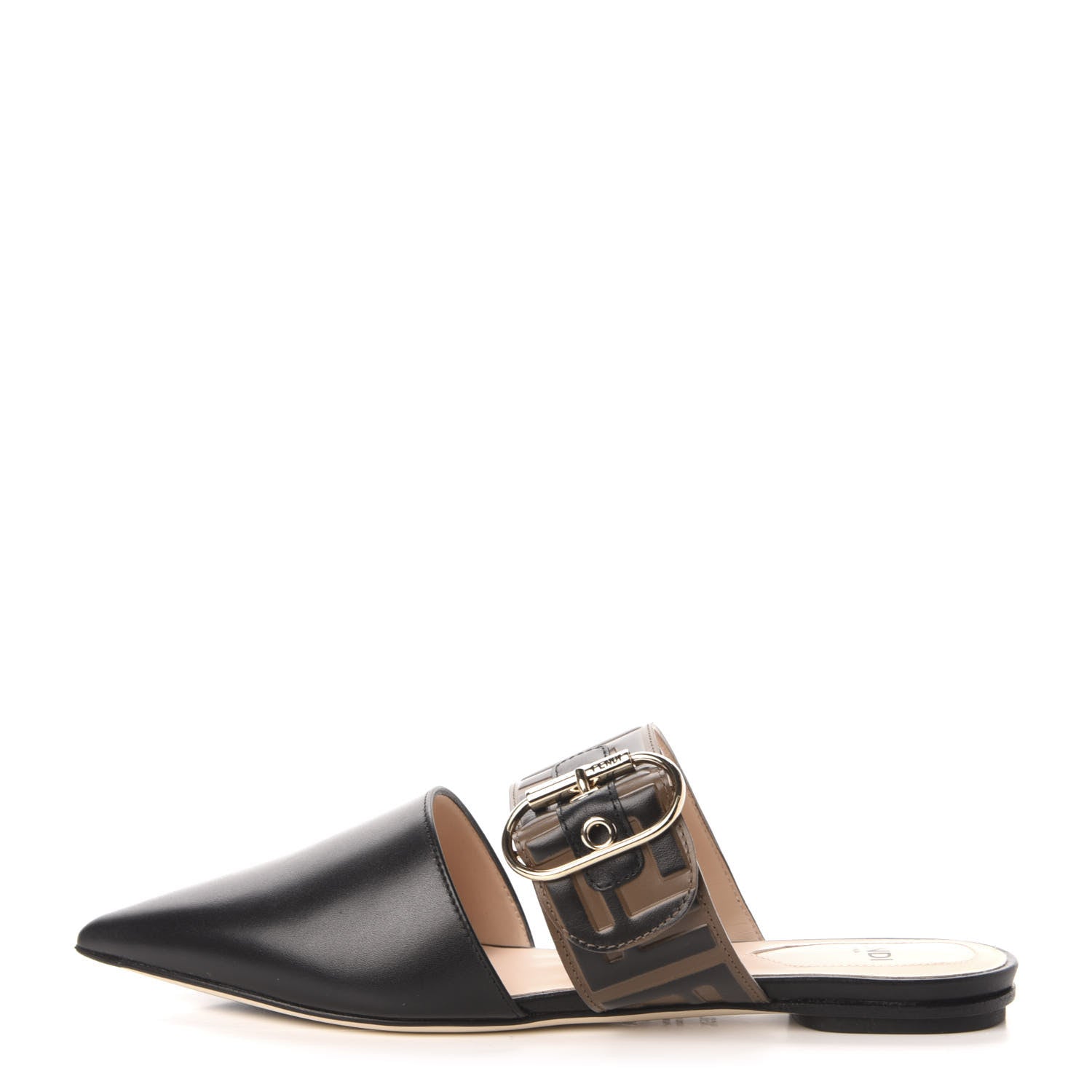 Fendi Vitello FF Embossed Buckle Flat Mules 35.5 Maya Black 1 of 9