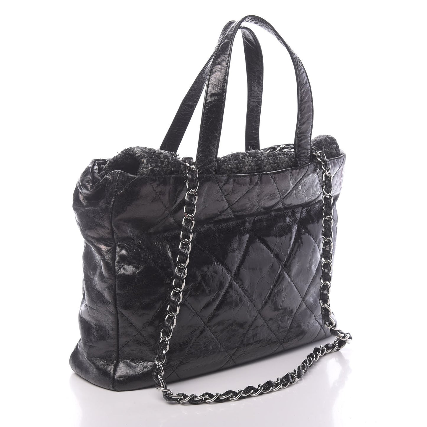 Glazed Calfskin Quilted Tweed Portobello Tote Black
