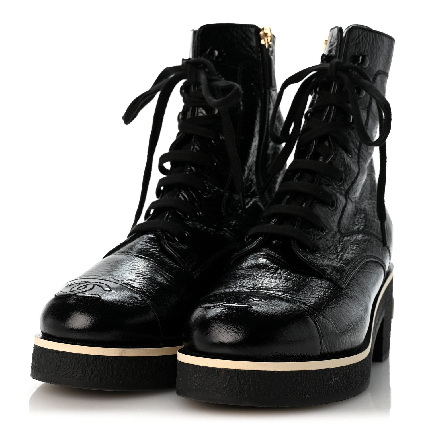 Chanel Shiny Crumpled Lambskin Lace Up Combat Boots 38 Black 4 of 10