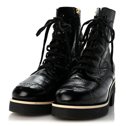 Chanel Shiny Crumpled Lambskin Lace Up Combat Boots 38 Black 4 of 10