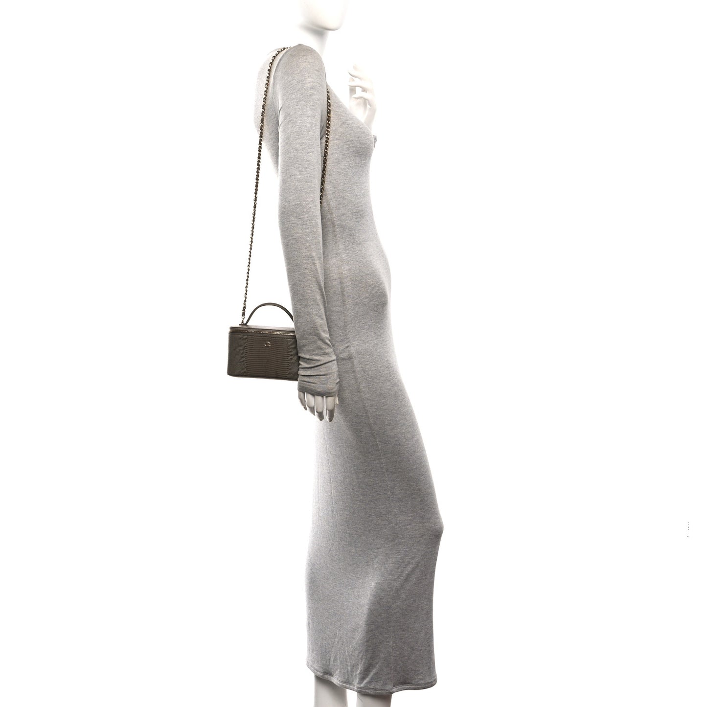 Calfskin Lizard Embossed Top Handle Vanity With Chain Dark Khaki