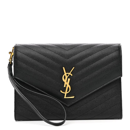 Saint Laurent Grain De Poudre Matelasse Chevron Monogram Envelope Clutch Black 1 of 10