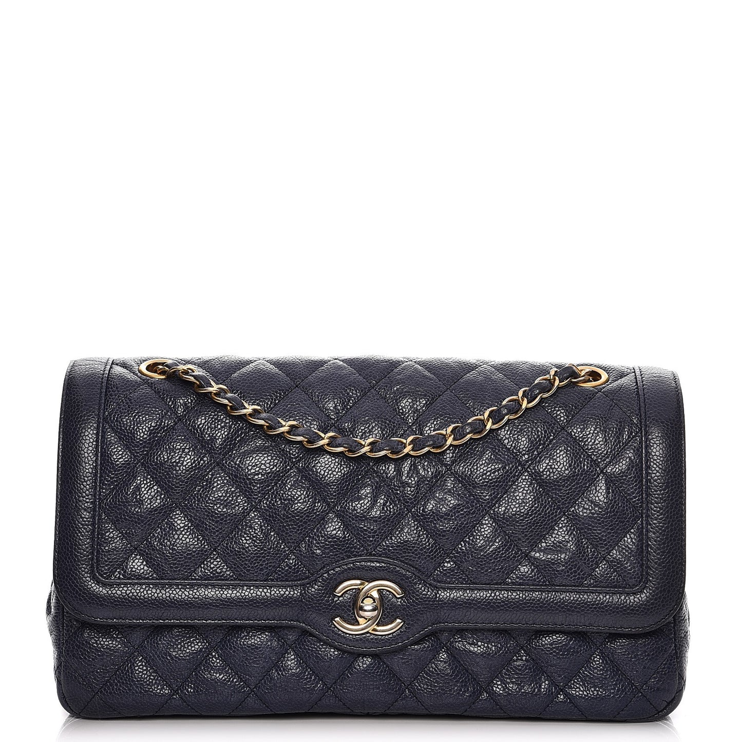 Crumpled Grained Calfskin Flap Navy Blue