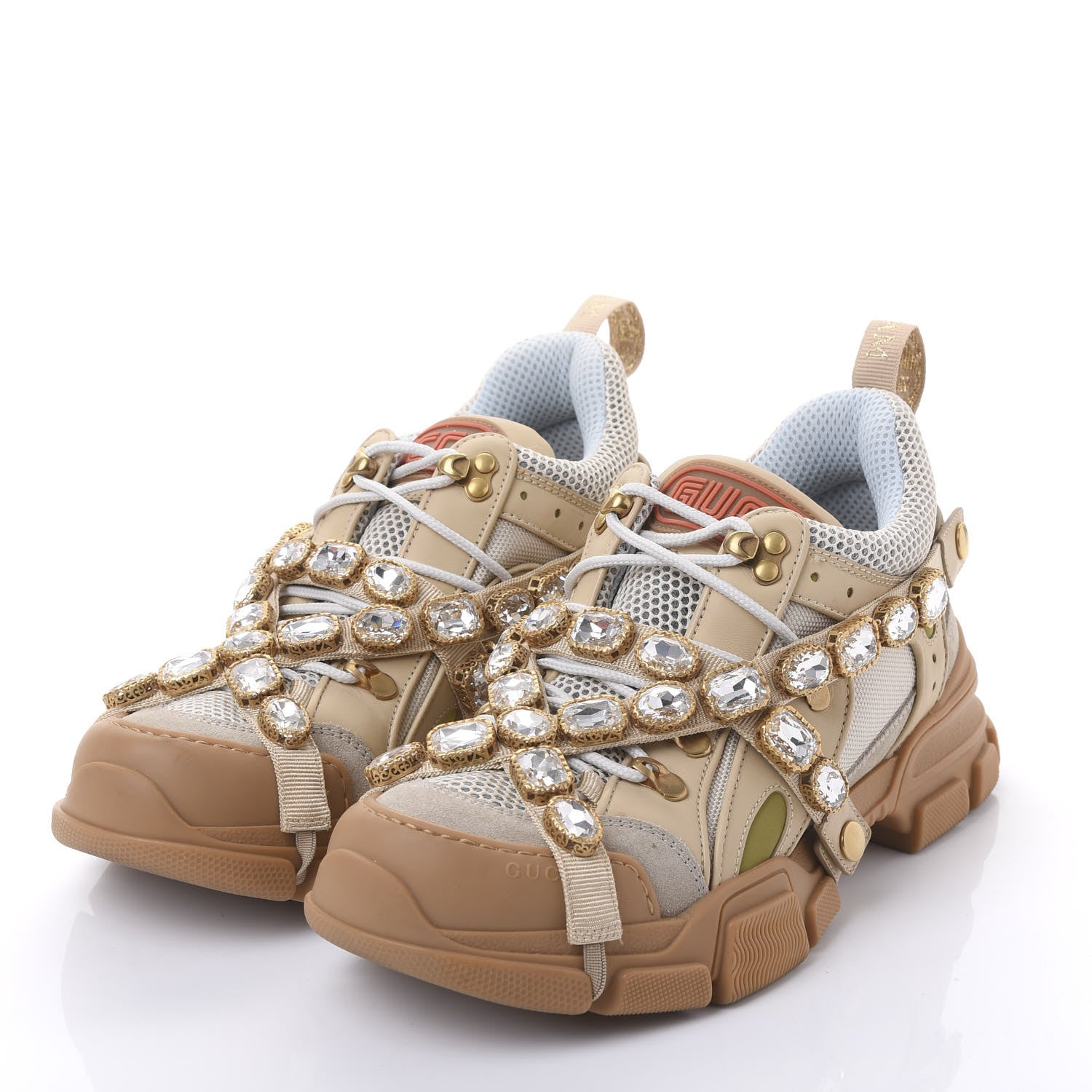 Gucci X SEGA Mesh Canvas Calfskin Removable Crystals Flashtrek Sneakers 40 Mystic White Oatmeal Sand Storm 3 of 7