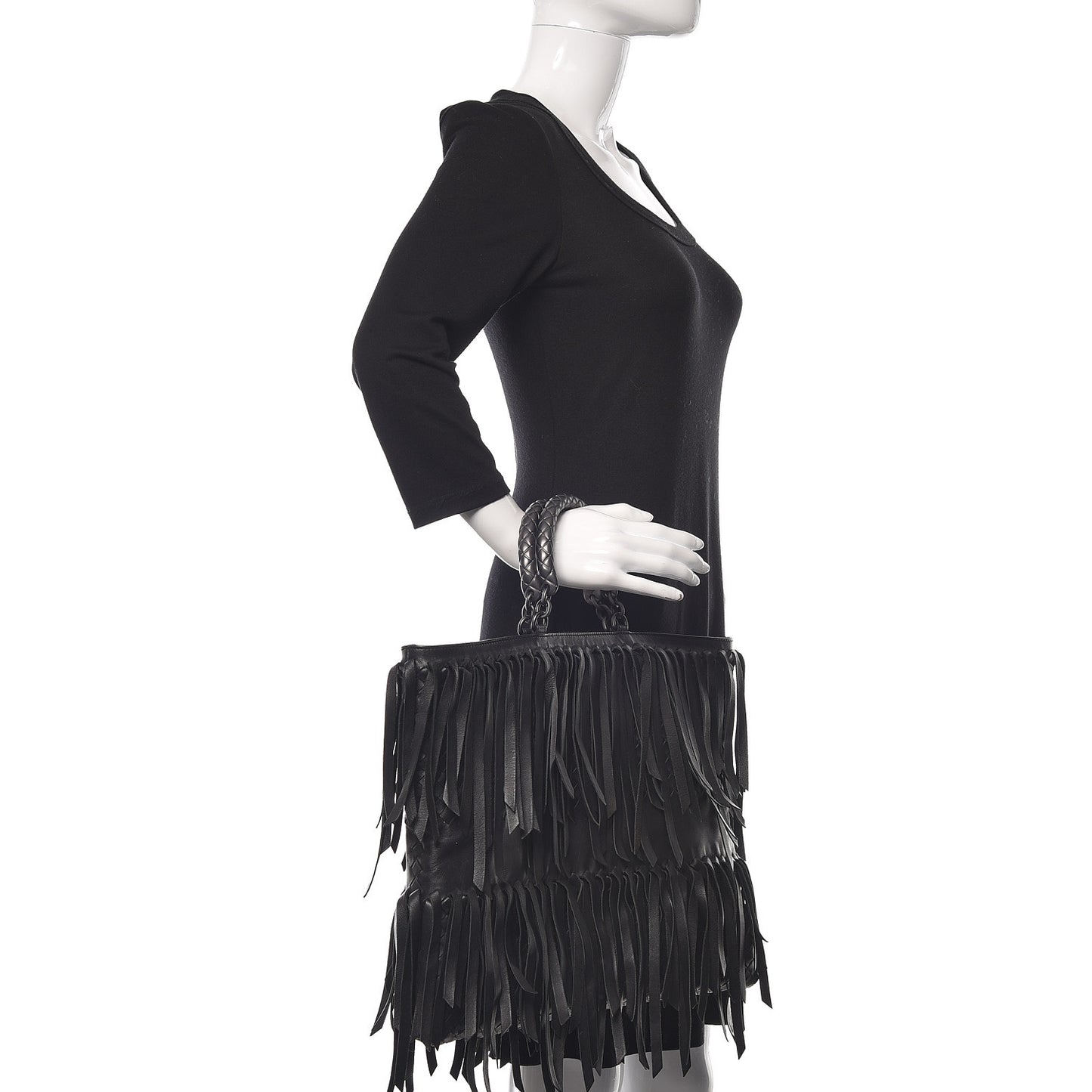 Nappa Fringe Woven Handle Tote Black