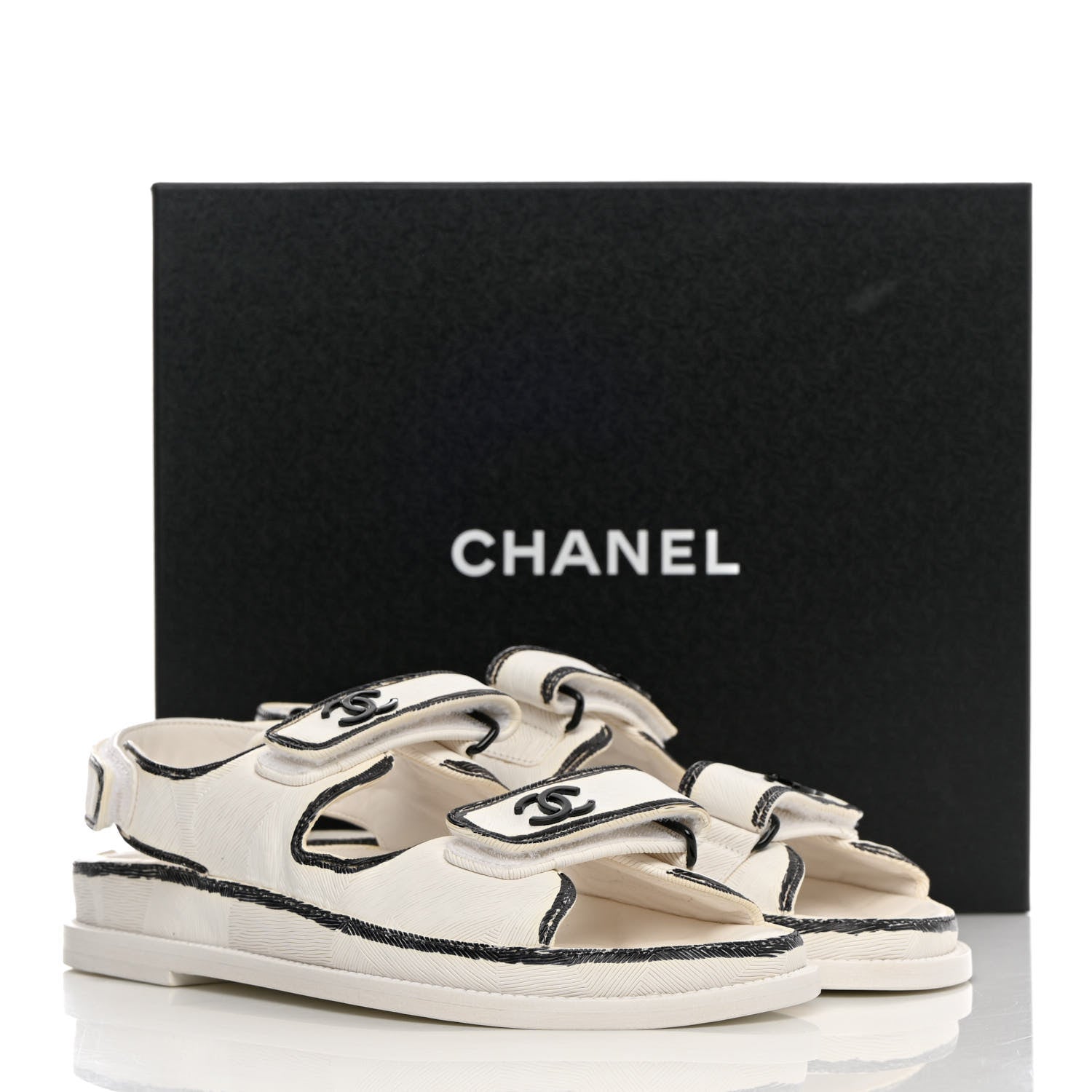 Chanel Calfskin Printed Velcro Dad Sandals 38 White Black 9 of 9