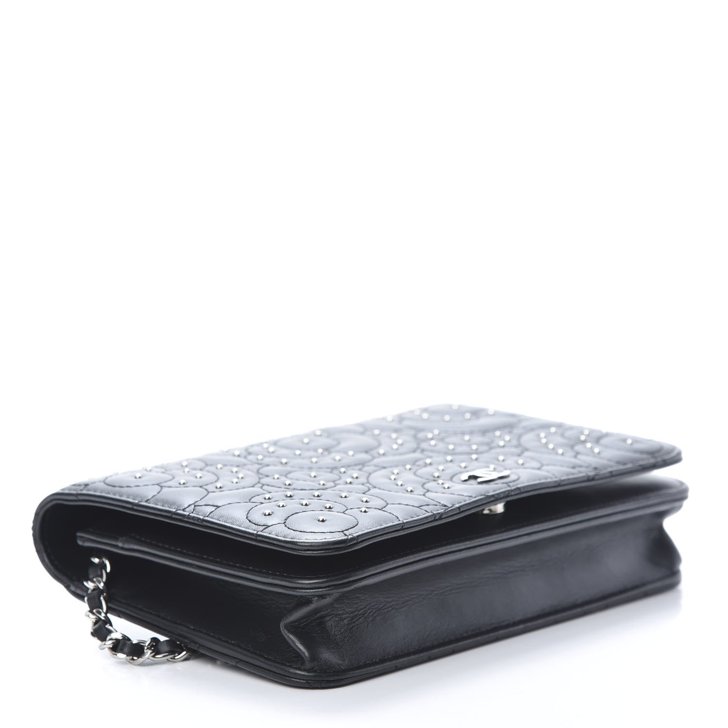 Chanel Lambskin Camellia Studded Wallet on Chain WOC Black 4 of 15